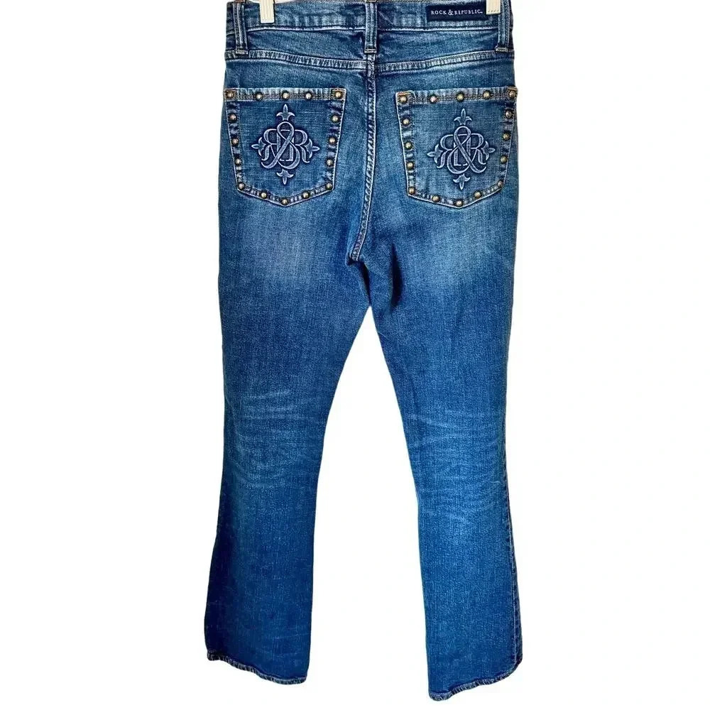 Rock & Republic Kassandra Distressed Studded Boot Cut Denim Jeans Women's SZ 6